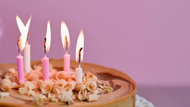 Close Birthday Cake Burning Candles Pink Colourful Background High Quality — 图库视频影像