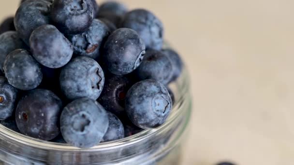 Blueberries Fresh Berry Glass Bowl Neutral Background Soft Focus — Stockvideo