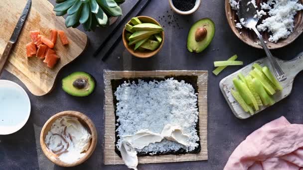 Cooking Sushi Process Rice Fish Fillets Cream Cheese Avocado Cucumbers — Stock videók