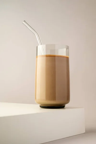Chocolate protein shake, drink with protein powder with glass straw