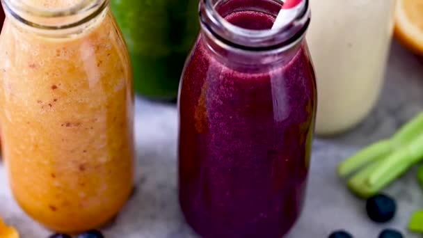 Fresh Fruit Colourful Smoothies Bottles Straws Healthy Detox Drinks — Vídeo de Stock