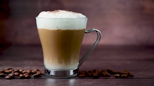 Coffee Hot Drink Milk Foam Glass Cup Wooden Background — Stock Video