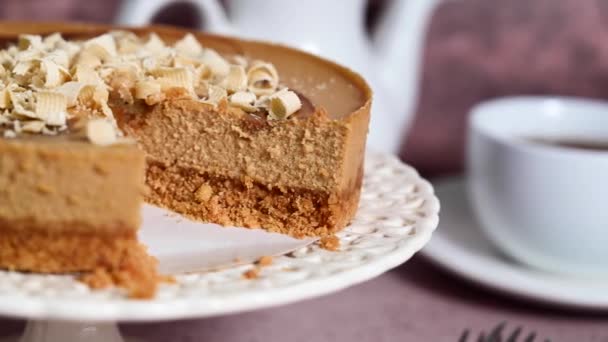 Close Caramel Cheesecake Cake Stand Served Cup Tea High Quality — Video