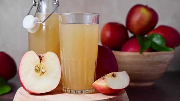 Glass Bottle Apple Juice Fresh Red Apples Healthy Drink — Stock Video