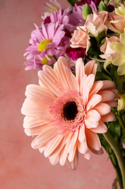 Abstract floral wallpaper with fresh gerbera daisy, roses and chrysantemum