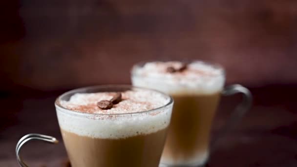 Two Cups Coffee Hot Drinks Milk Foam Glass Cups Wooden — Stock Video