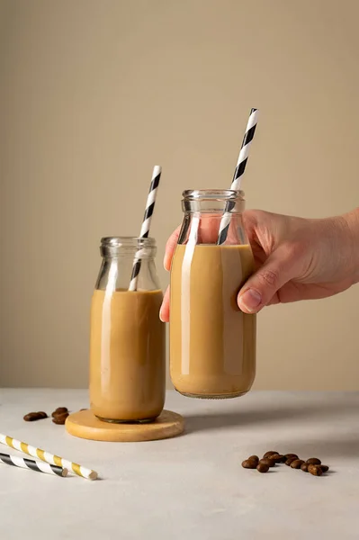 stock image Coffee or chocolate drinks in glass bottles, iced coffee