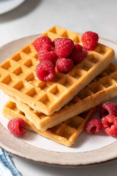 Breakfast Waffles Berries Plate Served Cup Tea — Stock Photo, Image