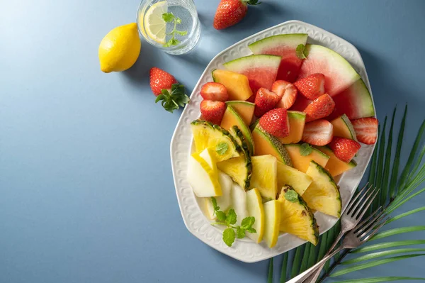 Summer Fresh Fruits Assortment Platter Watermelon Pineapple Melon Strawberries — Stock Photo, Image
