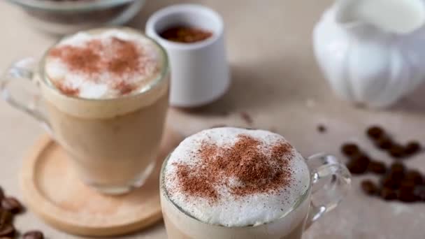 Two Glass Cups Coffee Drink Latte Milk Foam — Stockvideo