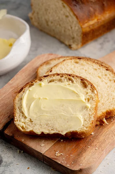 Closeup Sourdough Slice Homemade White Loaf Bread Butter — Stok Foto
