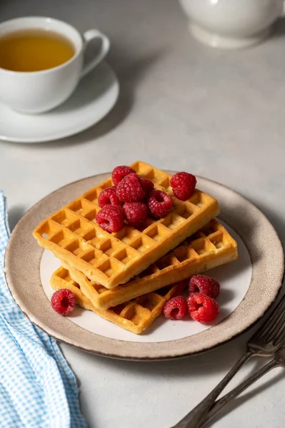 Breakfast Waffles Berries Plate Served Cup Tea — Stock Photo, Image