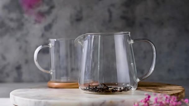 Die Getrockneten Schwarzen Teeblätter Mit Einem Löffel Eine Glaskanne Geben — Stockvideo