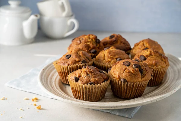 Chocolate Chip Muffins Plate Home Made Pastry Dessert — Stock Photo, Image