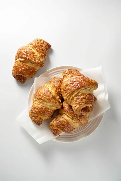 Fresh Croissants White Plate White Background Top View — Stock Photo, Image