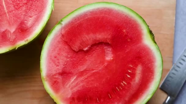 Fresh Red Juicy Watermelon Halves Cutting Board — Stock Video