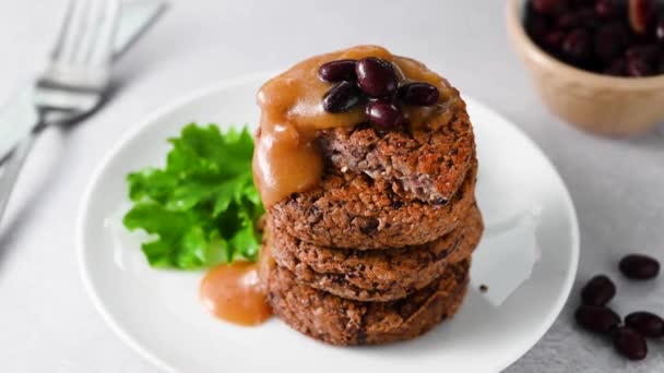 Vegan Bean Burgers Gravy Sauce Patties Cakes Healthy Alternative Food — Stock Video