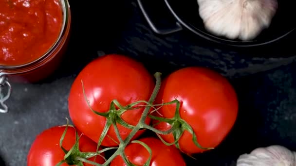 Red Tomatoes Tomatoes Sauce Black Background — Stock Video