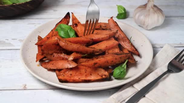 Delicious Homemade Sweet Potato Wedges Fries Plate — Stock Video