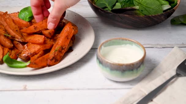 Delicious Homemade Sweet Potato Wedges Fries Plate — Stock Video