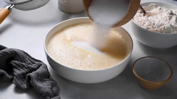 Cooking Pastry Dessert Adding Sugar Egg Mixture Baking Process — Stok video