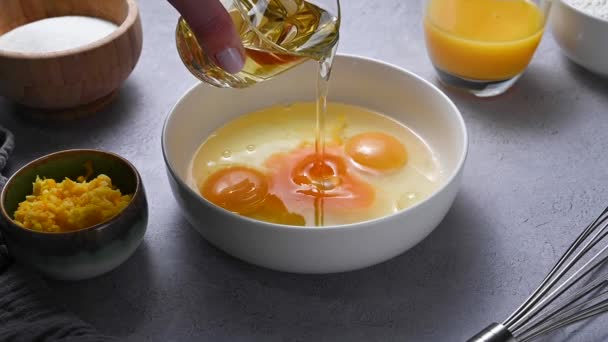 Pouring Oil Raw Eggs Cooking Pancakes Sponge Cake Homemade Pastry — Vídeos de Stock