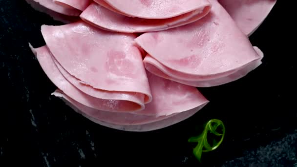 Delicious Pork Ham Slices Dark Background Top View — Stock Video