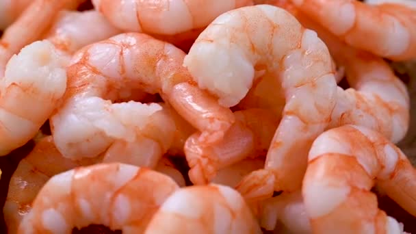 Cooked Shrimps Close Wooden Board Sea Food Concept — Stock Video