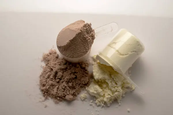 Chocolate and vanilla protein powder in scoops. Food supplement, nutrition.