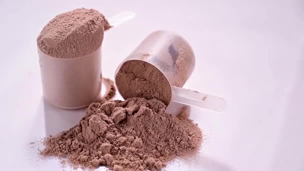 Poudre Protéines Chocolat Dans Des Cuillères Poudre Lactosérum Cacao Complément — Video