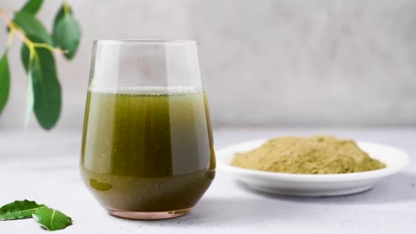 Moringa Matcha Wheatgrass Grönt Pulver Dryck Kosttillskott Hälsosam Livsstil — Stockvideo