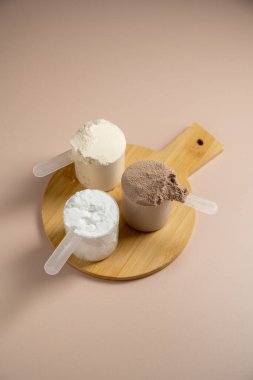 Çikolata, vanilyalı protein tozu. Gıda desteği, fitness sporu, sağlık ve beslenme