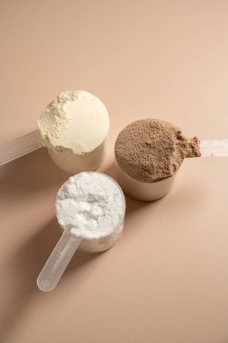 Çikolata, vanilyalı protein tozu. Gıda desteği, fitness sporu, sağlık ve beslenme