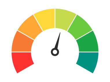 Vector speedometer meter with arrow for dashboard with green, yellow, red indicators. Gauge of tachometer. Low, medium, high and risk levels. Bitcoin fear and greed index cryptocurrency.