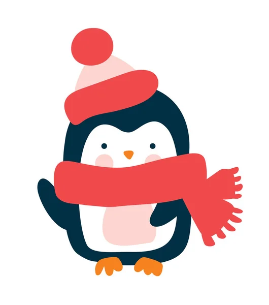 Leuke Baby Vector Pinguïn Gebreide Rode Sjaal Muts Cartoon Stijl — Stockvector