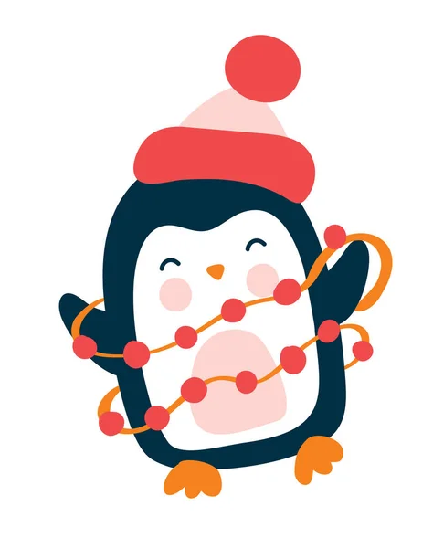Cute Christmas Baby Wektor Pingwina Dzianiny Czerwony Kapelusz Girlanda Stylu — Wektor stockowy