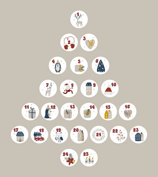 Aralık Ayı Takvimi Noel Posterleri Basılabilir Etiketler Xmas Yuvarlak Kış — Stok Vektör