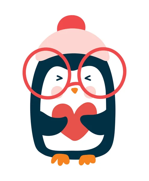 Şirin Noel Bebek Penguenleri Karikatür Tarzında Örülmüş Kırmızı Şapka Gözlük — Stok Vektör
