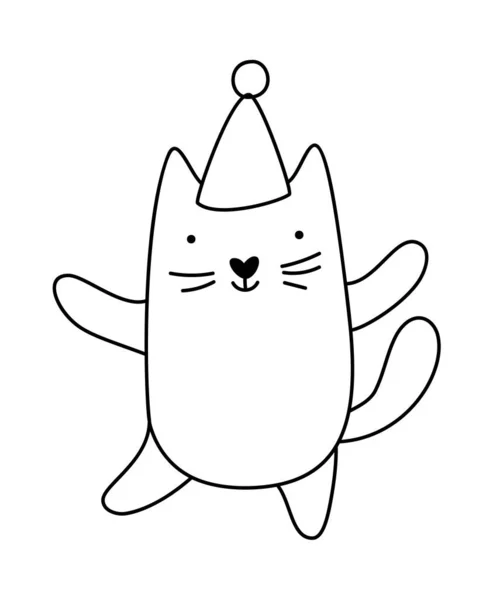 Lindo Bebé Navidad Dibujos Animados Vector Gato Invierno Sombrero Líneas — Vector de stock