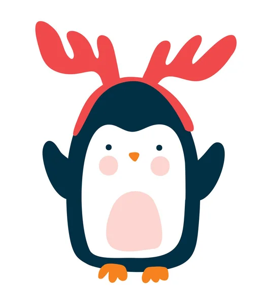 可爱的圣诞宝宝矢量冬季企鹅 鹿角为帽子的卡通风格 在白色背景下孤立的平面假日插图 — 图库矢量图片