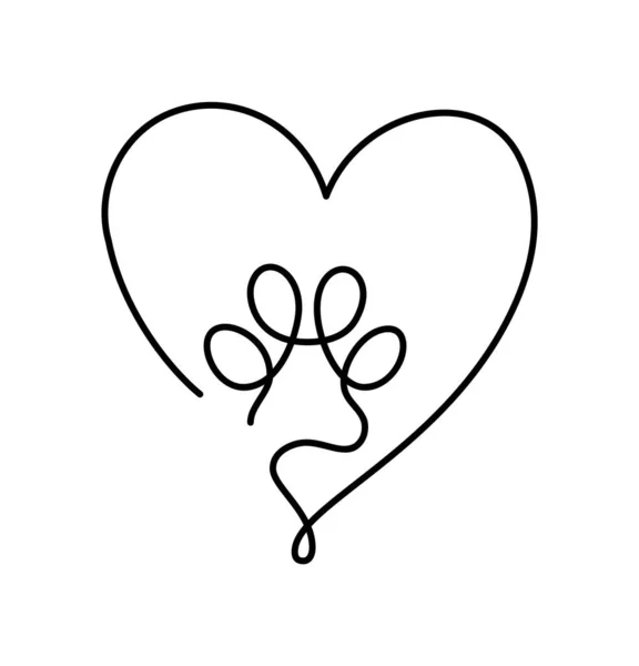 猫や犬の足で心臓連続的な1行の図面のロゴで 最小限の線画 動物の心の中でForprint ペット愛の概念 — ストックベクタ