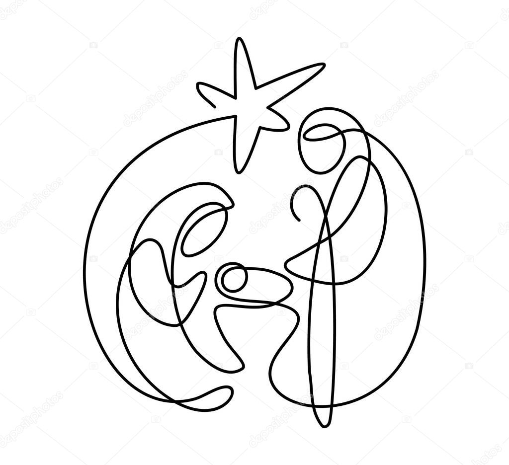 Christmas Vector Christian icon religious Nativity Scene of baby Jesus with Mary Joseph and star. Continuous art line drawing, print for clothes and logo design, emblem one single line, isolated