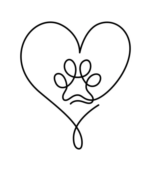心脏与猫或狗爪在连续的单行绘图标志 最起码的线条艺术 动物的胎记在心脏 宠物爱的概念 — 图库矢量图片
