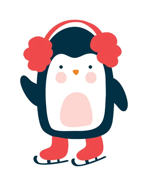 Cute Christmas Baby Wektor Zimowy Pingwin Czerwonym Kapeluszu Łyżwy Stylu — Wektor stockowy