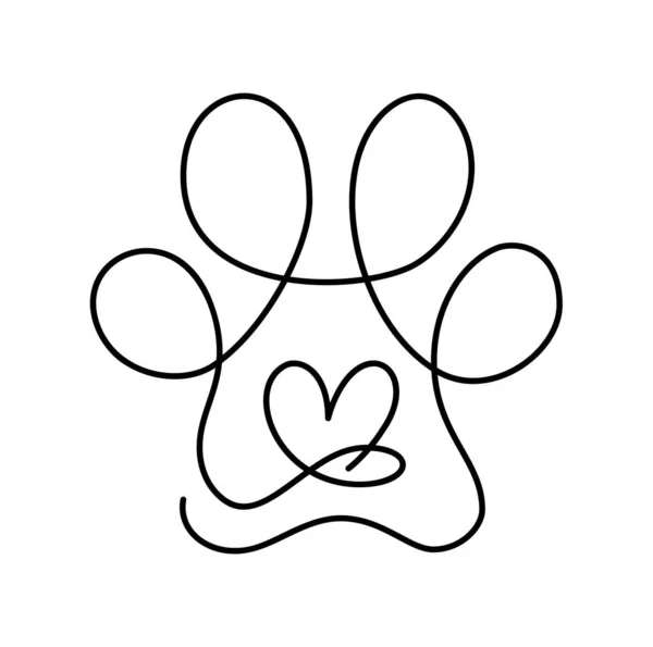 猫や犬の足の猫の足跡で心臓連続的な1行の図面のロゴ 最小限の線画 心の中の動物 ペット愛の概念 — ストックベクタ