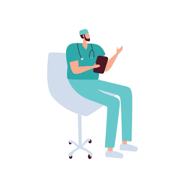 フォルダを持つベクトル医療アイコン医師の男は椅子に座って指の相談をポイントします 聴診器付きの画像医者 イラスト 医学系の方のアバターがフラットなスタイルで — ストックベクタ
