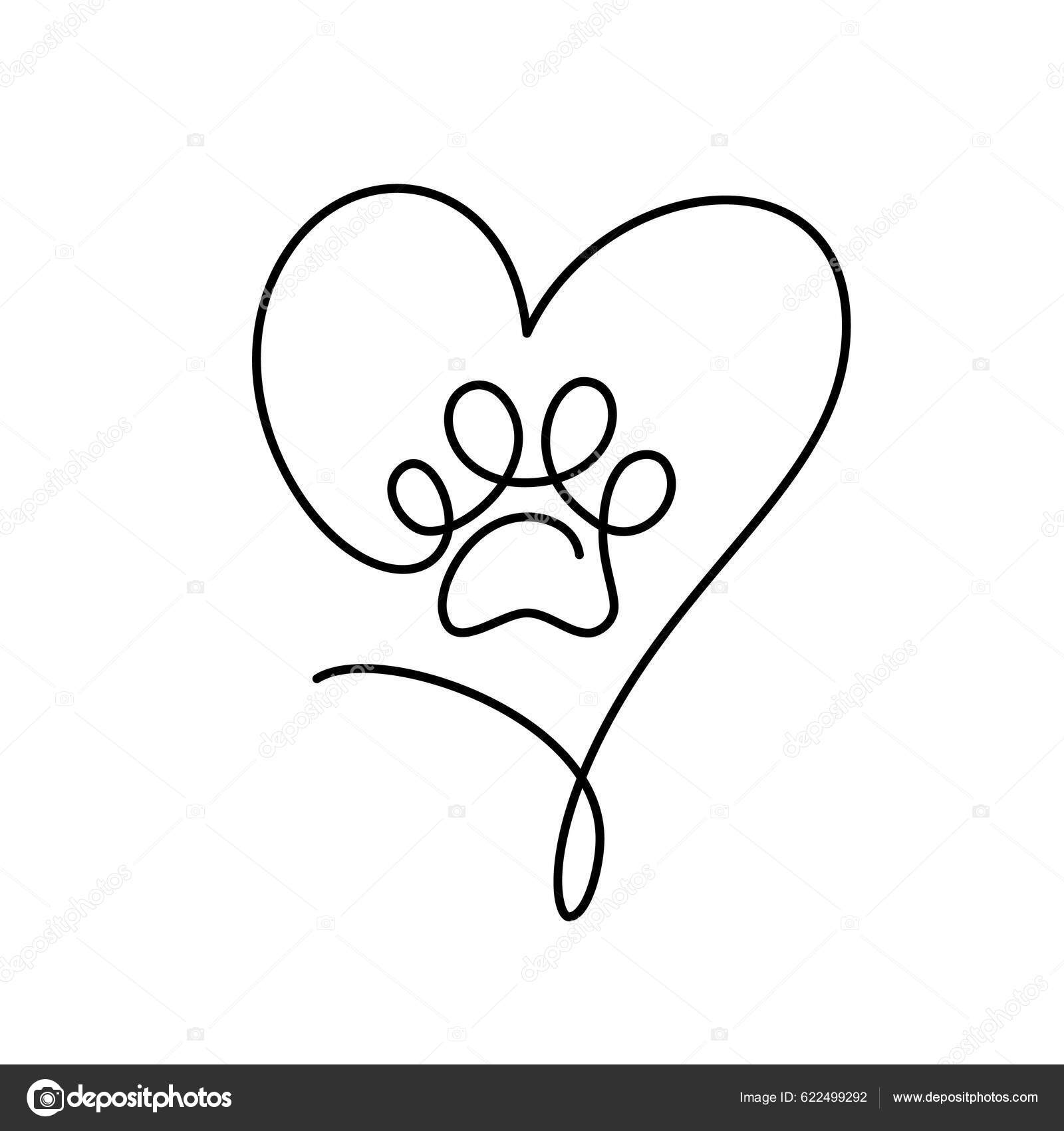 Kissan Tai Koiran Tassu Jolla Suuri Sydän Jatkuvassa Yhden Viivan —  kuvapankkivektori ©timonko 622499292