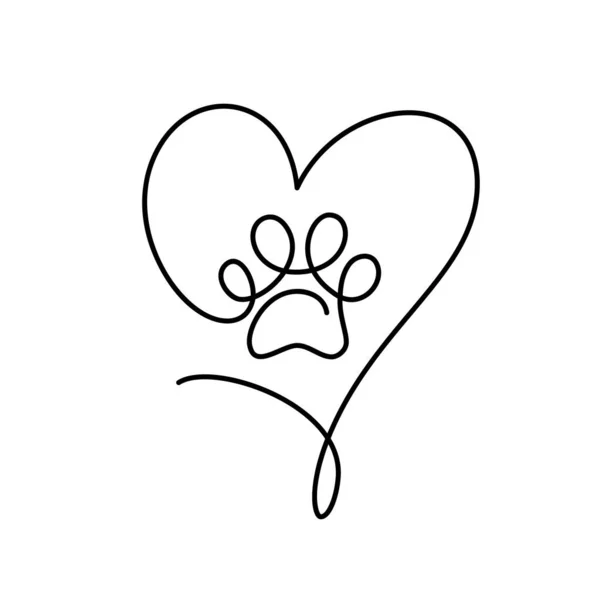 猫や犬の足は 連続1行の図面のロゴで大きな心を持ちます 最小限の線画 動物の足跡がフレームに ペット愛の概念 — ストックベクタ