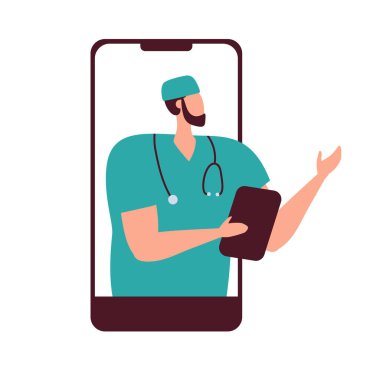 Çevrimiçi tıbbi danışmanlık kavramı. Dosyası olan vektör tıp ikonu doktoru. Steteskopla kişisel görüntü. İllüstrasyon Sıhhiyecileri düz bir şekilde avatar.