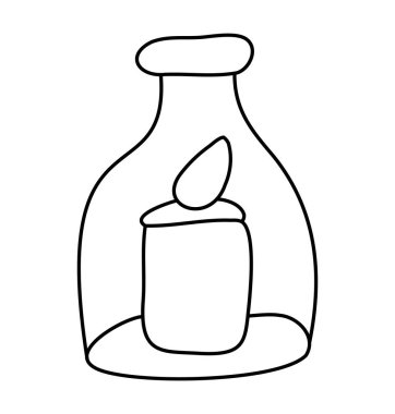 Elle çizilmiş Noel bir çizgi yanan mum şişe vektör ikonu. Xmas karşılama kartı, web tasarımı ve beyaz arkaplanda izole edilmiş davet için özet çizimi.